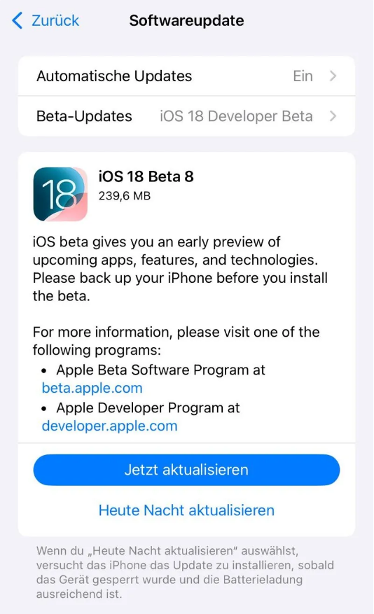 垣曲苹果手机维修分享苹果 iOS / iPadOS 18 开发者预览版 Beta 8 发布 